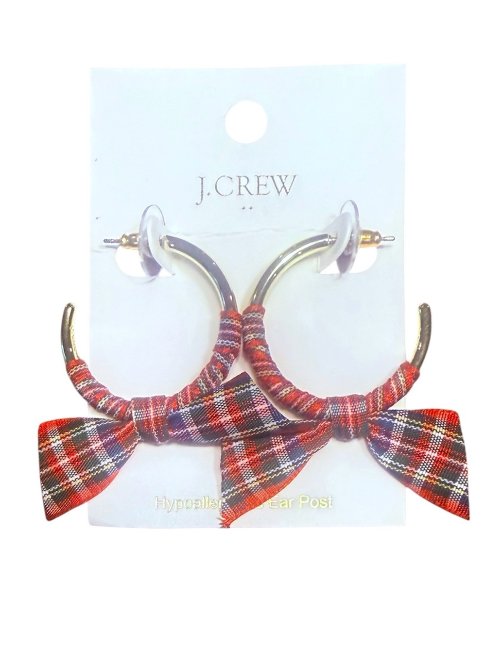 NWT J. Crew Red Plaid Bow Gold Hoop Earrings